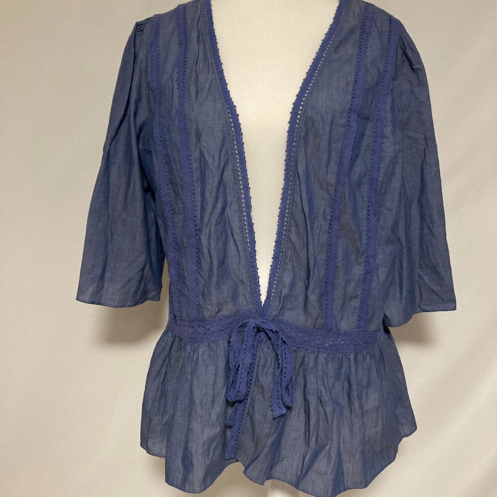 Matilda Jane "Hour-by-Hour Jacket" Tie-Front Chambray Blouse Size L NWT